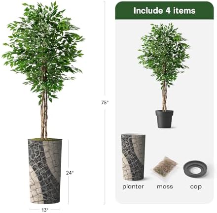 Artificial Tree in Geometric Pattern Planter, Fake Ficus Silk Tree for Indoor and Outdoor Home Decoration - 75" Overall Tall (Plant Pot Plus Tree) - Image 3