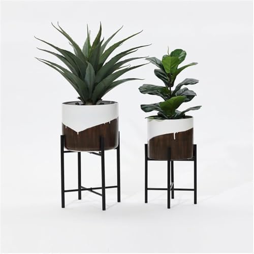 LuxenHome Large Planters with Black Metal Stand, White and Brown, Set of 2 - Image 5