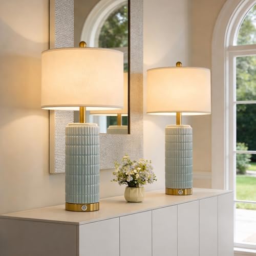PoKat 25'' Bedside Table Lamps Set of 2 for Living Room, 3-Way Dimmable Touch Lamps for Bedroom, Modern Lamps for Nightstand with USB Ports, Coastal Blue Lamp for Office Sideboard (Bulbs Included) - Image 4
