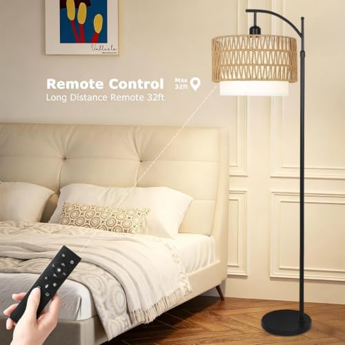 ZECOXOL Arc Floor Lamp for Living Room Boho Floor Lamps with Remote Control & with 3 Color Temperatures,Rattan Wicker Standing Lamp Dimmable Tall Floor Lamp for Bedroom Living Room Corner - Image 4