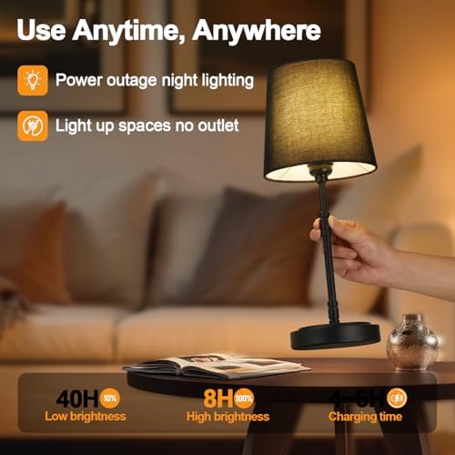 Cordless Table Lamps Set of 2 – Battery Operated Lamp with 7500mAh Rechargeable Battery, Stepless Dimmable Black Lamps with Black Shade, Wireless Lamps for Dining Room & Nightstand (Bulbs Included) - Image 4