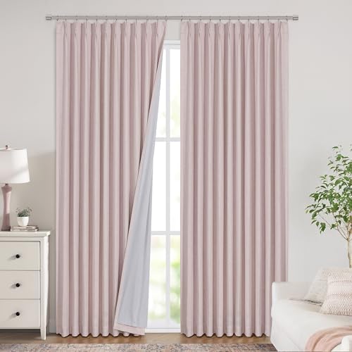 Vision Home Soft Pink Pinch Pleated Full Blackout Curtains Linen Blended Room Darkening Window Curtains 102 inch for Living Room Bedroom Thermal Insulated Pinch Pleat Drapes with Hooks 60" Wx102 Lx1 - Image 2