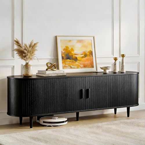 MXV 65" Mid-Century Modern TV Stand with Sliding Doors, TV Consoles with Power Outlet, Fluted Entertainment Center with Adjustable Shelves, for Living Room - Image 2