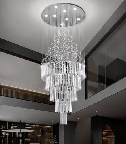 HAIXIANG W24 x H78 Crystal Glam Chandelier Long Light Chandeliers with Dimmable Light Bulbs High Ceiling Light Fixtures for Foyer Entryway Living Room Stair Silver - Image 6