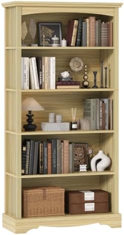 TVU 5-Tier Wooden Bookshelf, 65 Inch Tall Bookshelf with Storage, Floor Standing Modern Style Display Bookcase for Living Room, Office, Study Room, Entryway, Natural Wood Color by TVU