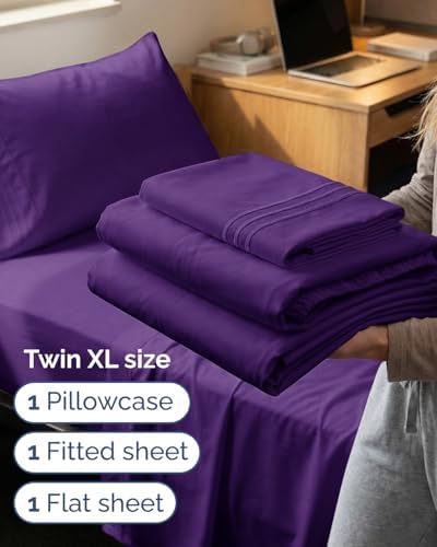 Twin XL 3 Piece Sheet Set - College Dorm Room Essentials - Purple - Image 3