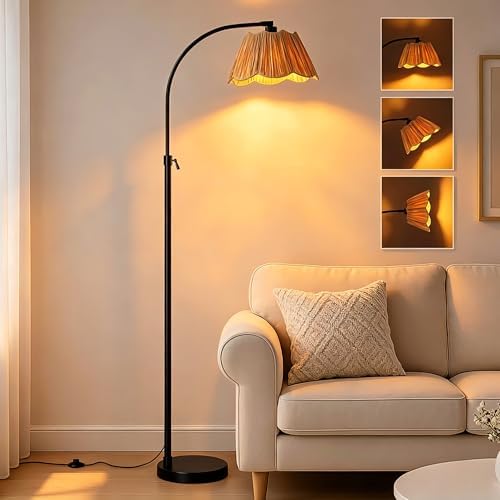 64'' Adjustable Arc Floor Lamp with Woven Pleated Shade, Black by RORIANO
