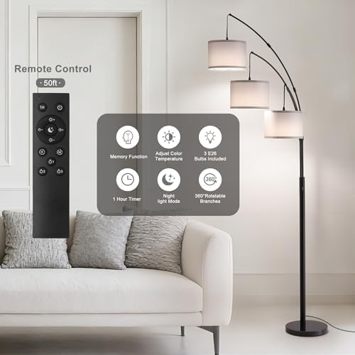 Floor lamp with Remote, 3 Light Arc Floor Lamps for Living Room, 2400LM Tall Standing Floor Lamps with Gray Shades, 80" Large Floor Lamp for Bedroom, Office - Image 2