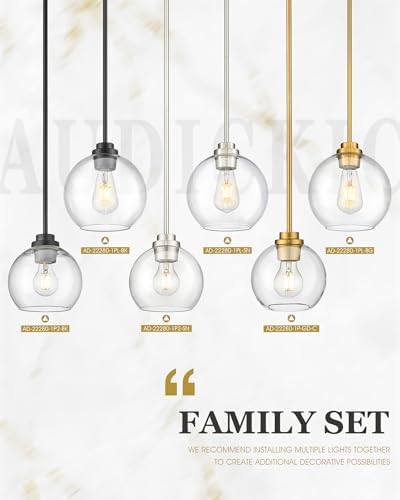 2 Pack Pendant Lights Kitchen Island, 8" Gold Pendant Light Fixtures with Globe Clear Glass Shade, Modern Brass Kitchen Island Lighting for Bathroom, AD-22280-2PL-GD - Image 4