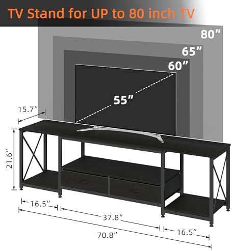 GYIIYUO TV Stand with Fabric Drawers for 75 80 Inches TV - Entertainment Center and Industrial TV Console Table with Open Storage Shelves for Living Room, Bedroom- 71.5" Black - Image 2