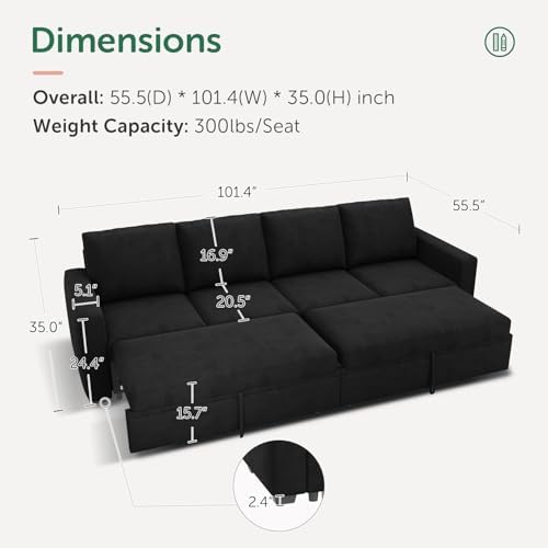 HONBAY Modular Sectional Sleeper Sofa Bed, with Pull Out Bed, Linen Convertible Sectional Couches for Living Room - Black - Image 2