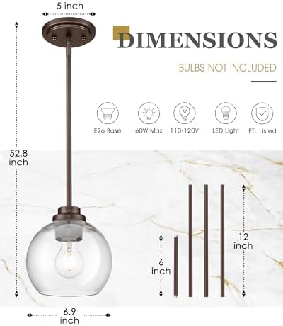 2-Pack Pendant Lights Kitchen Island, 7" Oil Rubbed Bronze Hanging Lights Fixtures with Clear Glass Globe Shade, Modern Kitchen Island Lighting for Bathroom, AD-22280-1P2-ORB - Image 2