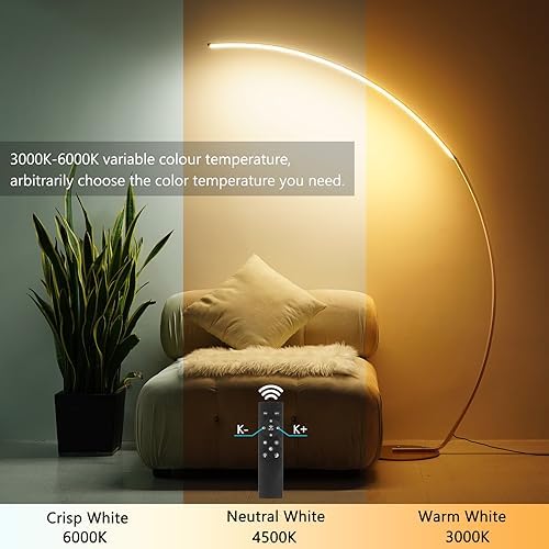 NUÜR 67" Gold Arc Floor Lamp, Modern LED Standing Lamp with Remote - Image 2