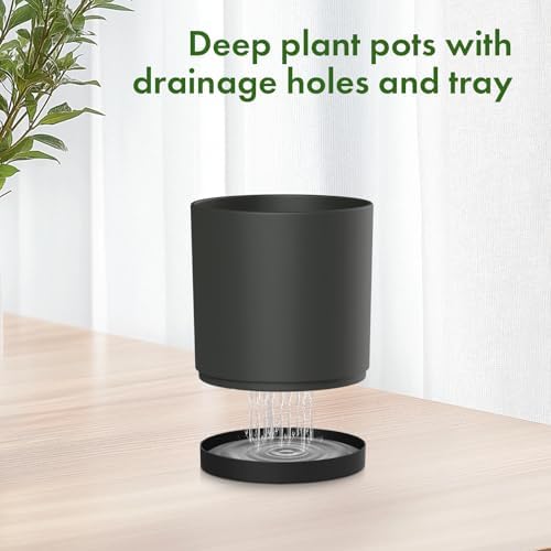 Meowell 8/7/6 inch Plant Pots, 3 Set Cylinder Flower Pots for Outdoor Indoor Plants, Decorative Plastic Planters with Drainage Holes and Saucers for Garden House Plants, Black - Image 4