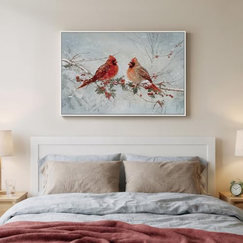 Framed Modern Red Bird Landscape Wall Art, Large Nature Animal Canvas Prints Paintings Artwork for Walls, Cardinal Farmhouse Pictures for Living Room Bedroom Dining Room Hallway Wall Decor 24x36 In - Image 3