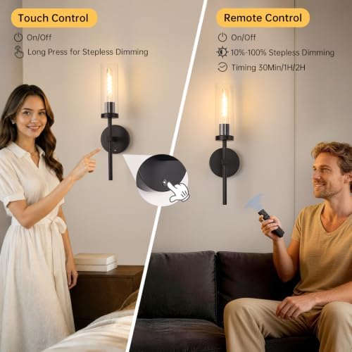 Shenmoyl Battery Operated Wall Sconces Set of 2, Black Rechargeable Wall Lighting Fixtures, Dimmable Wall Lights with Remote & Clear Glass Shade for Living Room, Bathroom,Bedroom - Image 5