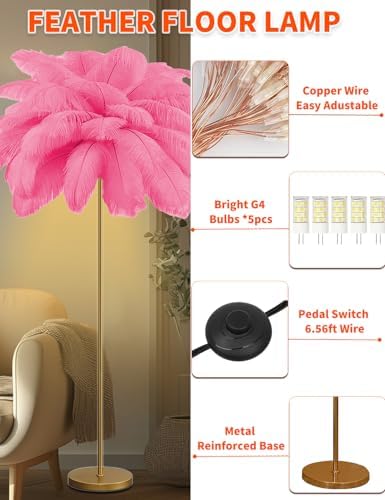 Feather Floor Lamp,Fluffy Ostrich Feather Floor Lamp for Bedroom,3 Color Temperatures Led Corner Modern Floor Lamps for Living Room Christmas Home Decor House Warming Gifts,63″ Height (Deep Pink) - Image 4