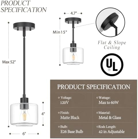 Black Pendant Lights Kitchen Island 2 Pack, Modern Clear Glass Hanging Light Fixtures with Rods, Mini Kitchen Pendant Lighting Over Island for Sink Bathroom, OS-YQ8153-2PBKC - Image 3