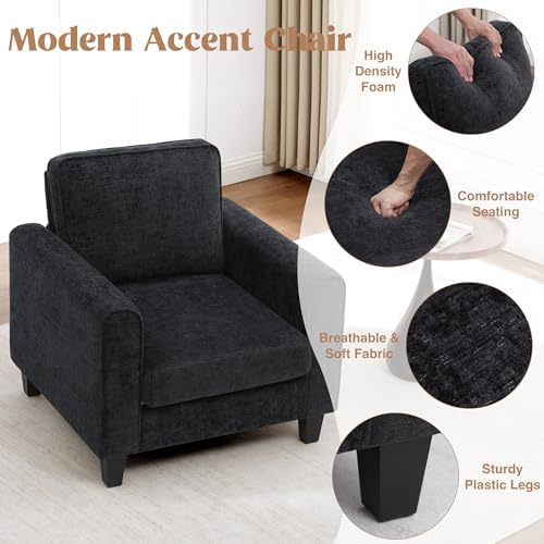 Accent Chairs Set of 2 for Living Room, Mid Century Modern Upholstered Living Room Chair, Chenille Reading Armchair for Apartment, Waiting Room, Office, Black - Image 5