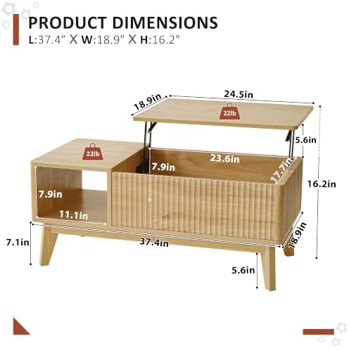 LYNCOHOME Fluted Lift Top Coffee Table with Storage, Modern Coffee Table for Living Room, Home Office(Natural) - Image 2