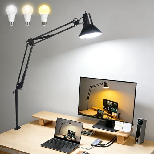 Black Dimmable Desk Lamp with Clamp, Extra-Tall Adjustable Swing Arm by Coospider