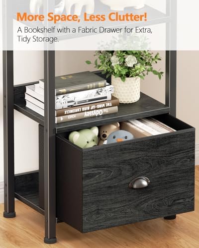 Furologee 6 Tier Bookshelf, Tall Shelf with Drawer, Wood and Metal Bookshelves Storage Organizer, Industrial Display Shelving Unit for Bedroom, Living Room, Home Office, Black Oak - Image 4