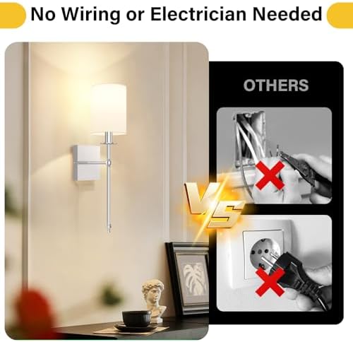 19 Inch Battery Operated Wall Sconces Set of 2 with Remote, Brushed Nickel Rechargeable Wireless Wall Lights with White Fabric Shade, Cordless Wall Lamps with Dimmable Detachable Bulbs for Bedroom - Image 2