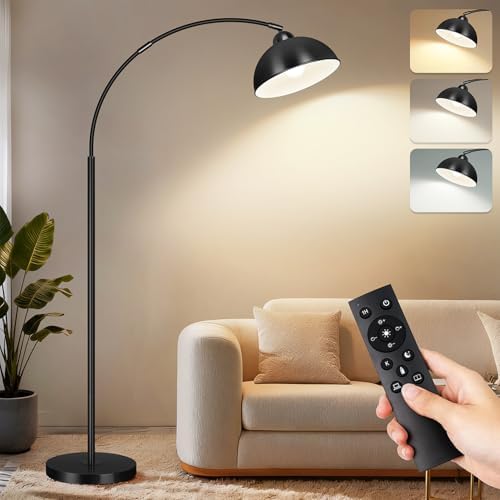 Arc Floor Lamps for Living Room, 72" Modern Tall Lamp with Remote Control and Stepless Dimmable 9W LED Bulb, Over Couch Arched Reading Lamp for Bedroom, Office(Black) by LANICHO