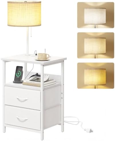 Fixwal Night Stand with 3 Color Temperature Bulb Attached, Nightstand with Light & Charging Station End Table with Fabric Drawer for Bedroom, Dorm, White by Fixwal