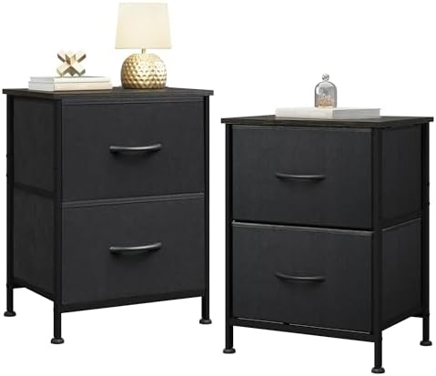 WLIVE Black Nightstand Set of 2, Night Stand with 2 Fabric Drawers, Small Dresser for Bedroom, Bedside Tables for Small Spaces, Dorm, Wood Top by WLIVE