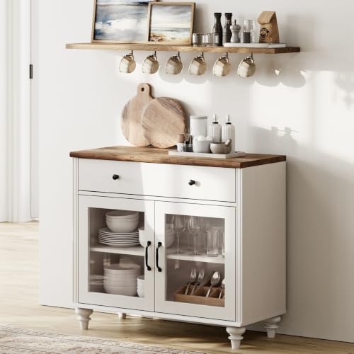 WAMPAT Buffet Cabinet with Glass Doors, Kitchen Storage Cabinets, White - Image 3