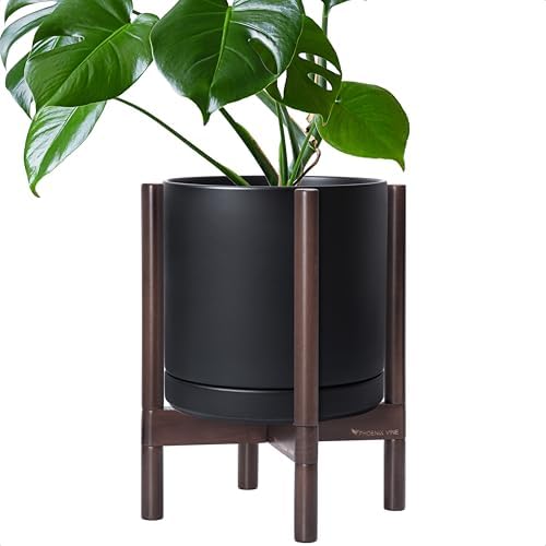 D'vine Dev Ceramic Pot with Walnut Wood Stand, Black, 12 in, 55-B-W-2 by DvineDevPlanterPotsandStand