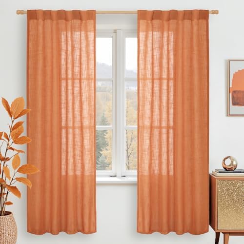 LAMIT Burnt Orange Semi Sheer Linen Curtains for Bedroom Living Room by LAMIT