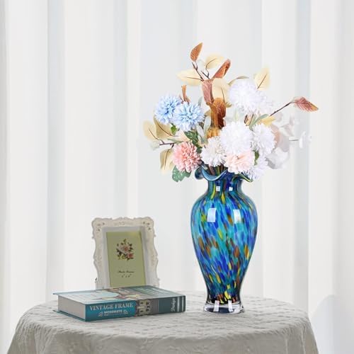 12" Tall Hand Blown Glass Vase – Pretty Ruffle Wide Mouth Decorative Flower Vase, for Modern Home Decor, Ideal Centerpiece for Living Rooms, Wedding & Home Decor - Image 3