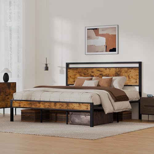 King Metal Bed Frame with Wooden Headboard and Footboard, Heavy Duty Platform Frame with Metal Slats, No Box Spring Needed, Quiet and Non-Slip Design, Space Saving Bed Frame for Bedroom, Vintage Brown - Image 3