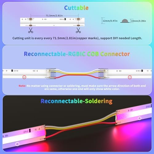 RGB Smart IC COB LED Strip Light 18ft Addressable Chasing Color 12V LED Light Strip Multicolored Flexible RGB Lights for Party, Decoration, Home DIY Lighting Projects(NO Adapter or Controller) - Image 5