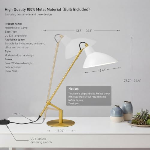 Desk Lamp Modern Industrial 100% Metal Adjustable Table Lamp 24", Natural Light (4000K) with Dimmer, Ideal for Office Bedroom Study Room Living Room Nightstand Bedside Lamps White+Brass - Image 2