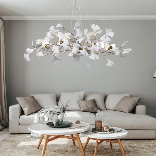 Modern Chandeliers for Dining Room - 39inch Ceramic Ginkgo Leaf Chandelier Rectangle Brass Chandelier Luxury Art Deco Handing Lights Fixture for Living Room Bedroom Kitchen Island, 5-Light by GREMLBUK