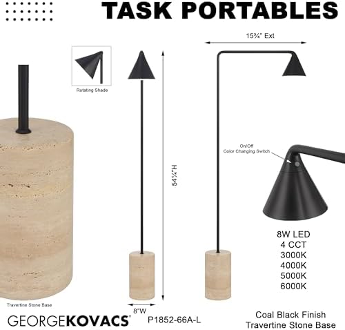 GEORGE KOVACS P1852-66A-L Kovacs Task Portables LED Table Lamp, 1-Light, 8 Total Watts, 54.25-in H x 8-in W, Coal Black - Image 7