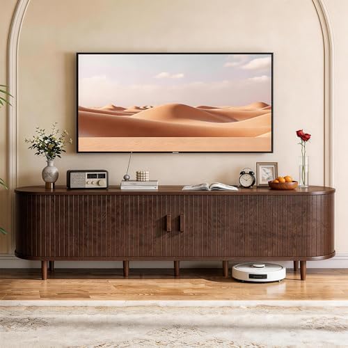90" Mid Century Modern TV Stand with Power Outlet, Fluted Entertainment Center with Storage and Adjustable Shelves, Wood TV Console with Sliding Doors for Living Room, Walnut - Image 2