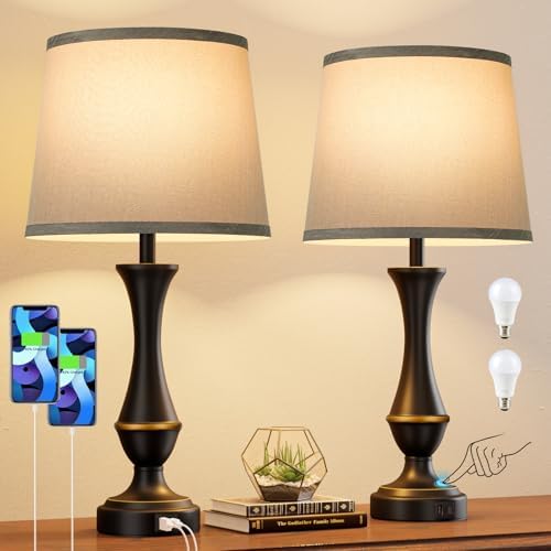 Touch Lamps for Nightstand, 3 Way Dimmable Lamps for Bedroom with USB C+A by SeealleLighting