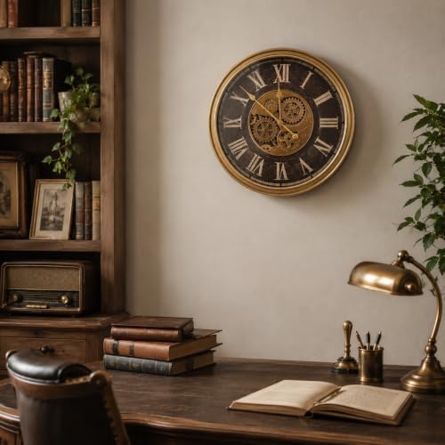 Large Real Moving Gears Wall Clock 24 Inch,Roman Antique Brass Brown - Image 5