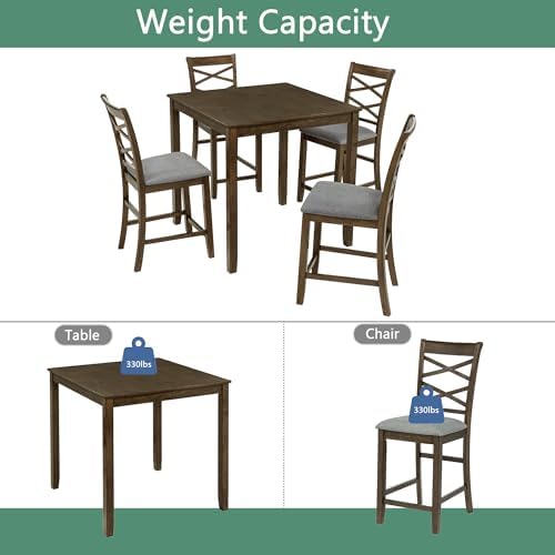 Harper & Bright Designs Counter Height Dining Table Set 5-Piece, 34.5" Square Wooden Table & 4 Upholstered Chairs, Modern Walnut Finish Counter Height Set for Kitchen, Dining Room, Small Spaces - Image 6