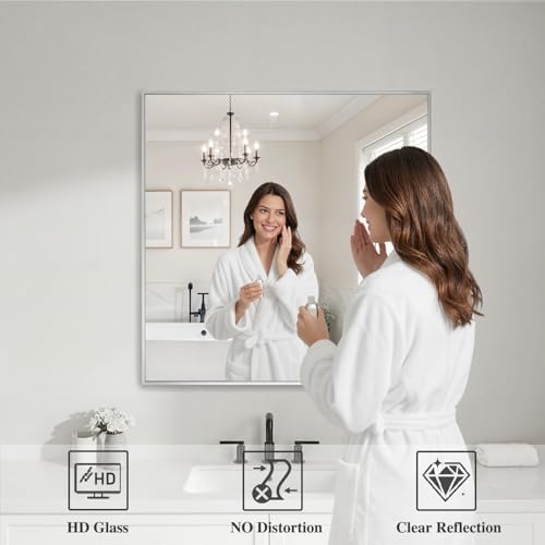 Koonmi Silver Rectangle Wall Mirror, 30x30 Inch Bathroom Mirror, Aluminum Frame Vanity Mirror for Entryway, Living Room, Bedroom Bathroom, Hangs Horizontally or Vertically - Image 3