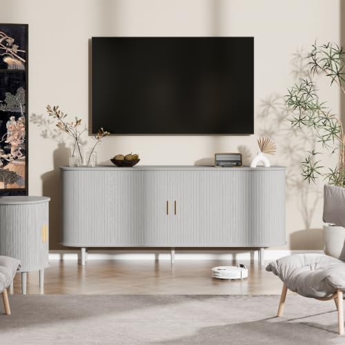 71" Sideboard Buffet Cabinet with Storage,Large Credenza with Sliding Doors and 1 Drawer,Mid Century Modern Coffee Bar Cabinet with Adjustable Shelves for Dining Room, Kitchen, Living Room (White) - Image 6