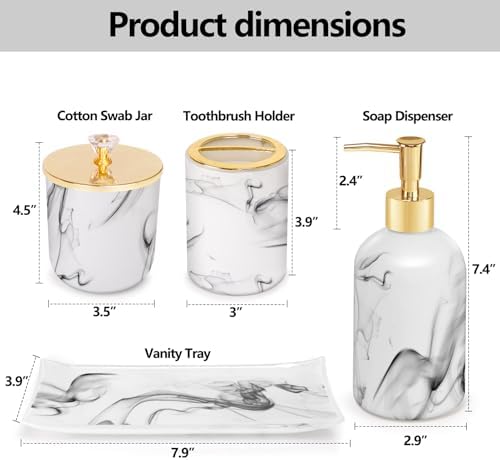 Haturi Bathroom Accessories Set, 4 Pcs Marble Look Sets Soap Dispenser & Toothbrush Holder Counter Top Restroom Apartment Decor Stuff, Glass Kits, Gift for Women and Men, Ink White - Image 3