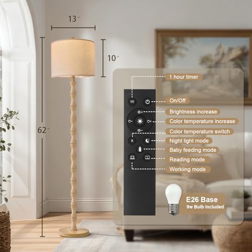 BOBOMOMO 62" Rustic Farmhouse Floor Lamp with Remote & Dimmable 9W Bulb, 3 Color Temperatures Resin Standing Lamp, Retro Corner Tall Lamp for Living Room, Bedroom, Nursery, Office, Reading Nock - Image 3