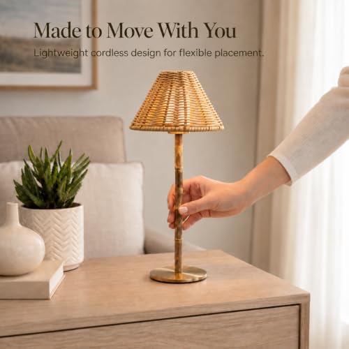 Bamboo Cordless LED Table Lamp – Rechargeable 24-Hour Battery, Dimmable Warm Light, Portable Wireless Lamp with Remote for Indoor/Outdoor Use, Home, Patio, Restaurant – (NATURAL RATTAN), 14.95" Tall - Image 5