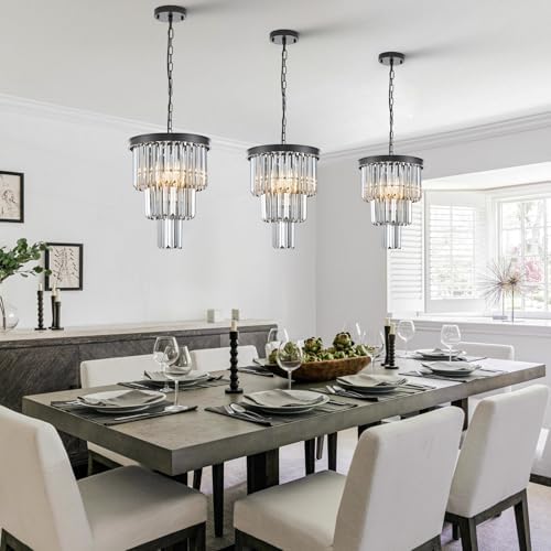 CATINER 12" Smoke Gray Crystal Chandeliers,3 Pack Black Pendant Light by CATINER