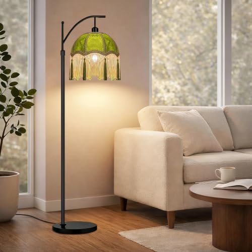 QIYIZM Arc Floor Lamp for Living Room,Bedroom,Standing Lamp with Remote Dimmable,Green Mid Century Black Tall Lamp Boho Vintage Retro Fringe Tassel Flower Velvet Unique Lamp Victorian Tiffany Decor - Image 6